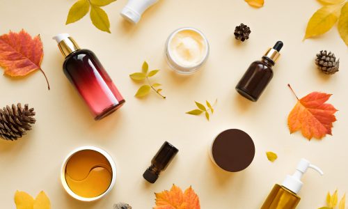 Autumn,Skin,Care,Products,And,Autumn,Leaves,On,Yellow,Background,
